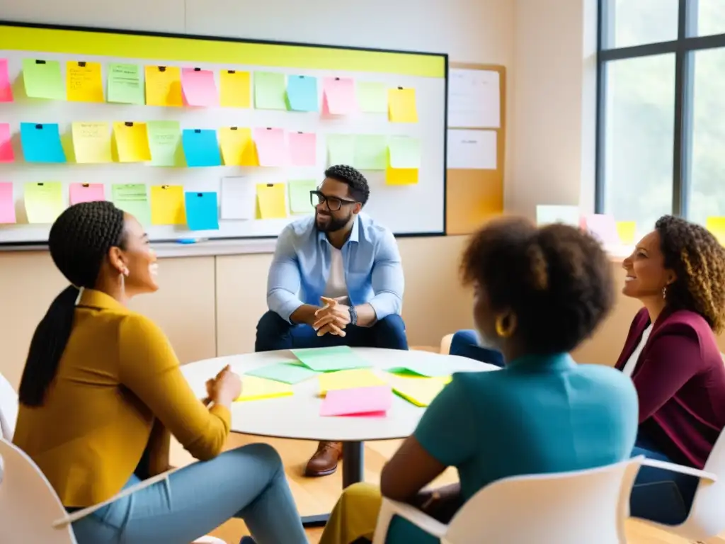 Un grupo diverso y apasionado colabora en un círculo, rodeado de notas adhesivas coloridas y pizarrones llenos de ideas