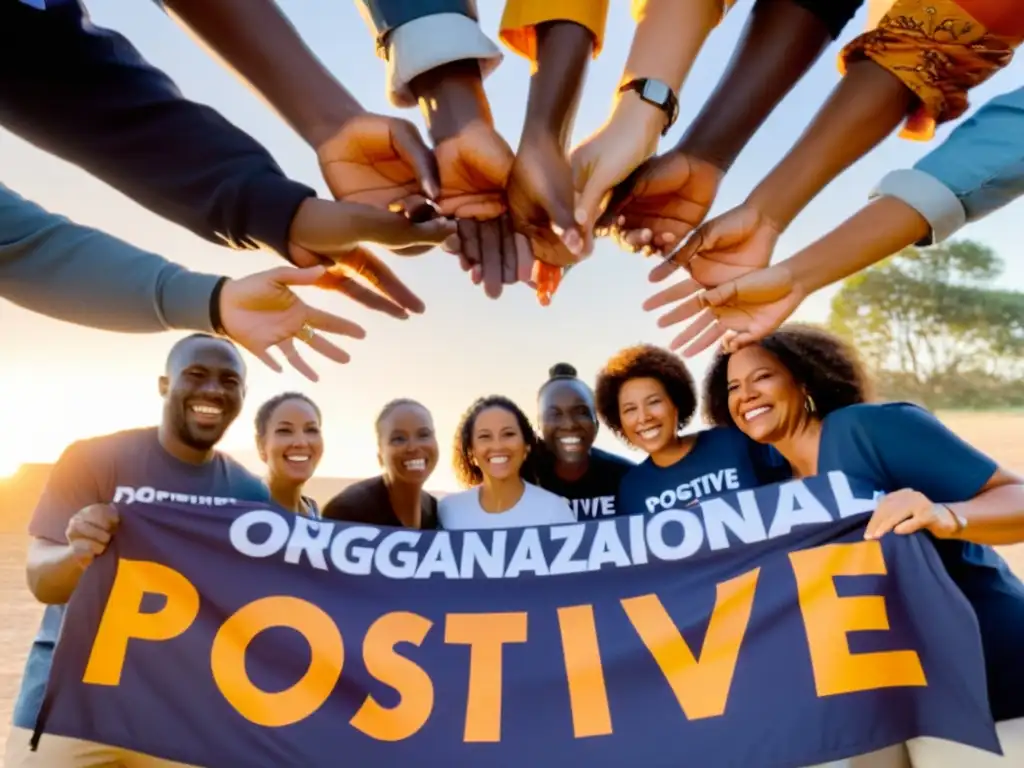 Un grupo diverso y apasionado de todas las edades y orígenes, viste camisetas de ONGs y discute con entusiasmo en círculo al atardecer, con un banner de 'Cultura Organizacional Positiva' de fondo