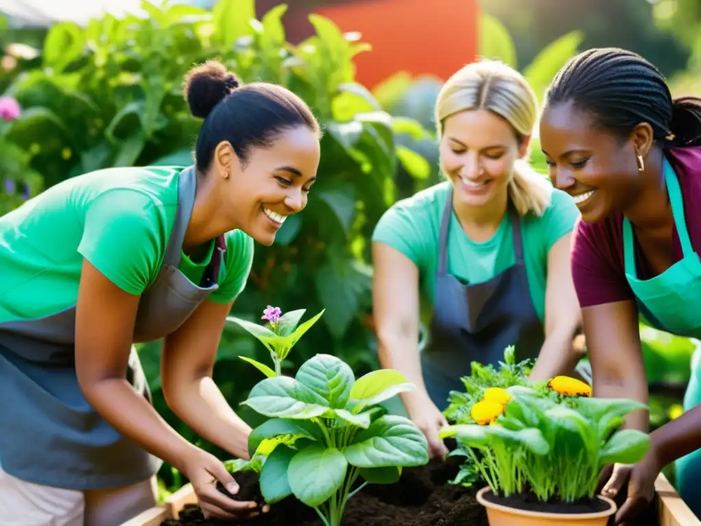 Un grupo diverso y apasionado trabajando en un huerto comunitario, resaltando el impacto positivo del financiamiento para proyectos sociales