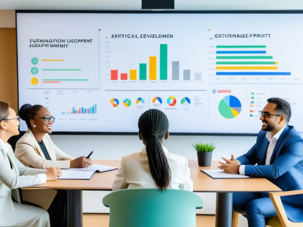 Un grupo diverso y apasionado discute la Integración de IA en ONGs Sostenibles entre gráficos y diagramas, irradiando determinación y optimismo