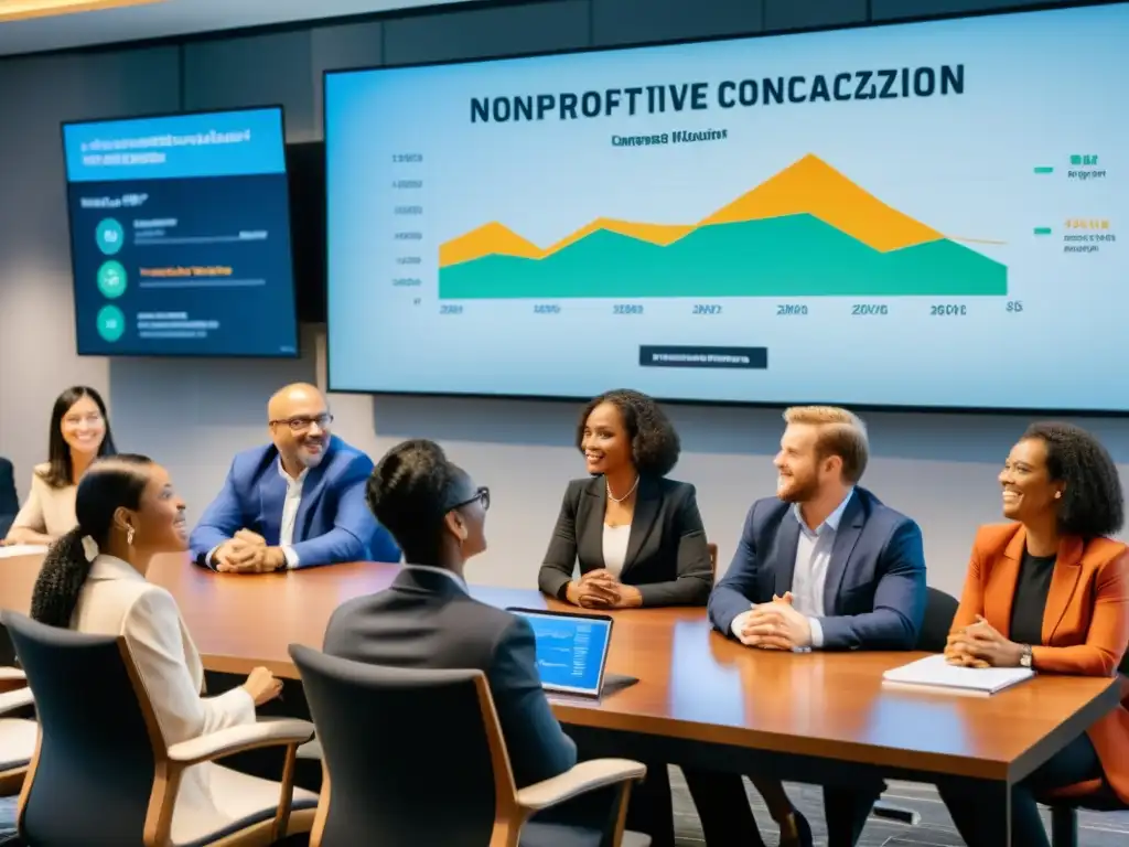 Un grupo diverso y apasionado discute métodos innovadores de financiamiento para ONGs en una sala de conferencias moderna