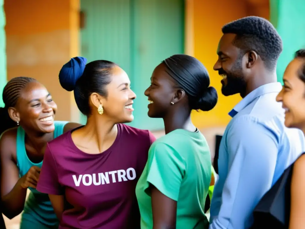 Un grupo diverso y apasionado de una ONG colaborando con comunidades locales en una escena vibrante de actividades de impacto social