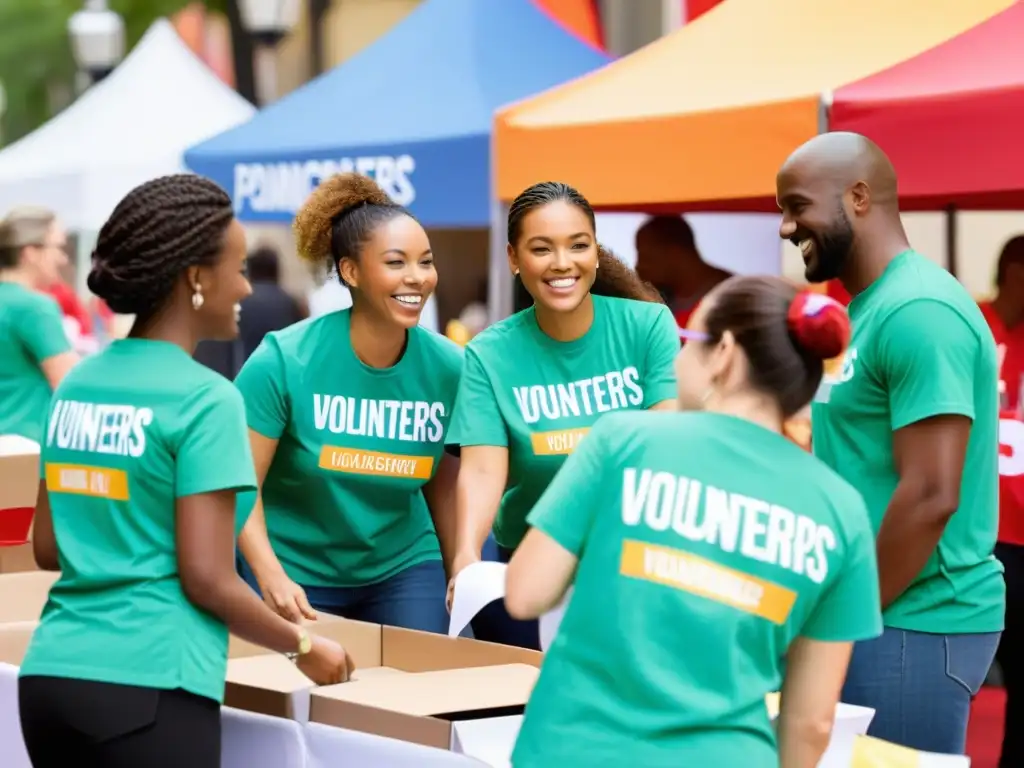 Un grupo diverso y apasionado de voluntarios organiza un evento para recaudar fondos en una plaza de la ciudad