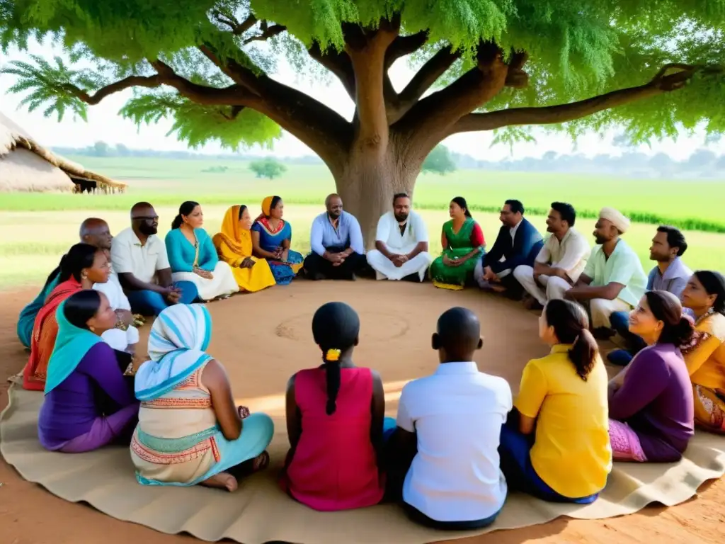 Un grupo diverso se reúne bajo un árbol en una aldea, discutiendo proyectos de desarrollo comunitario con enfoque en derechos humanos e inclusión