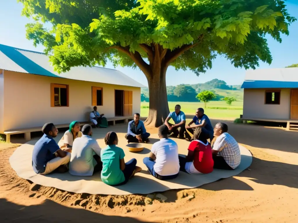 Un grupo diverso se reúne bajo un árbol en una aldea rural