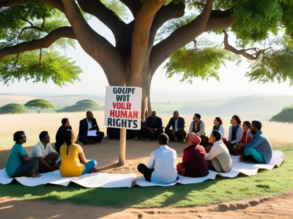 Un grupo diverso se reúne bajo un árbol en una aldea rural