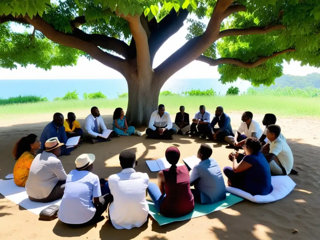 Un grupo diverso se reúne bajo un árbol, participando en una animada discusión