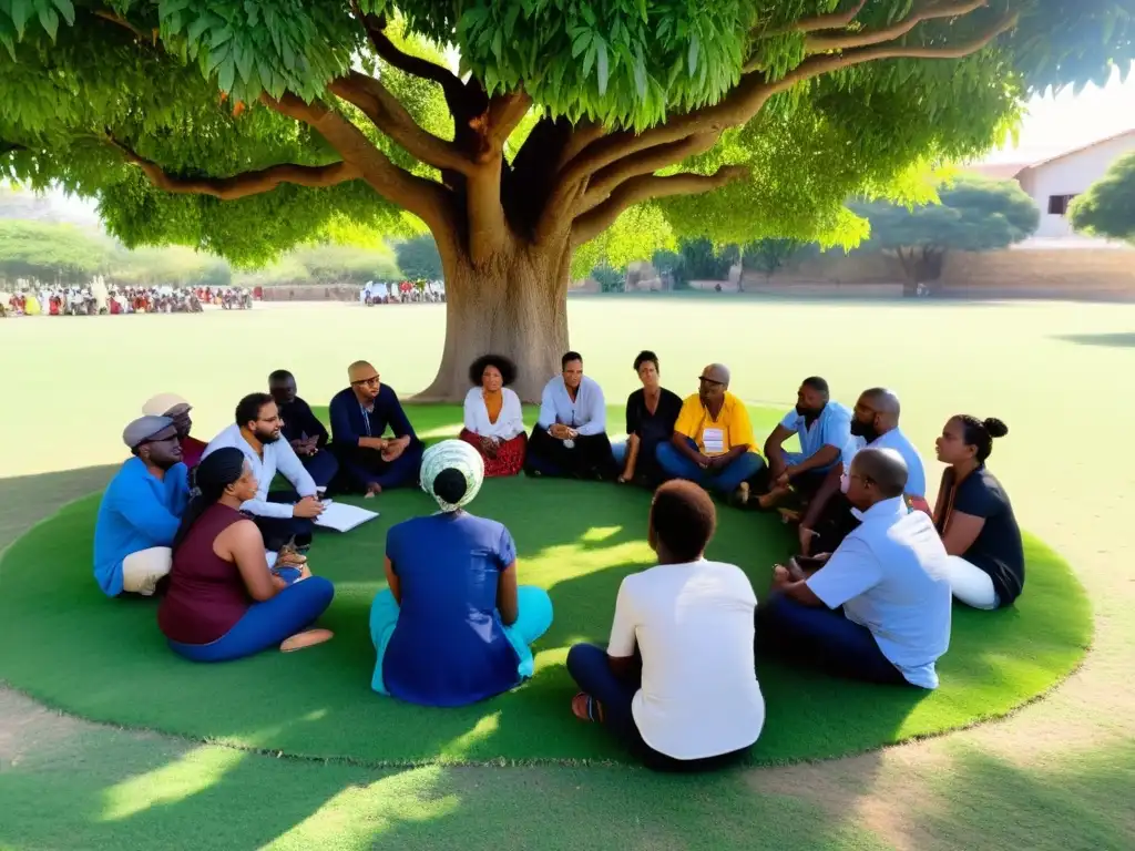 Un grupo diverso se reúne bajo un árbol, participando en una animada discusión