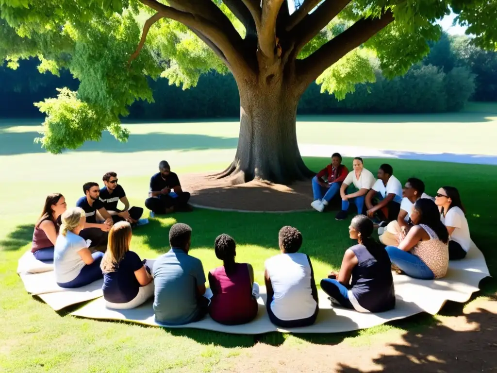 Un grupo diverso se reúne bajo un árbol, participando en una animada conversación