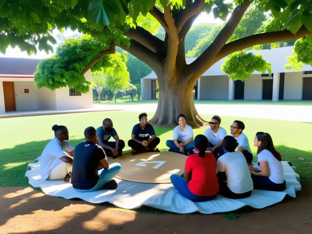 Un grupo diverso bajo un árbol, en animada discusión