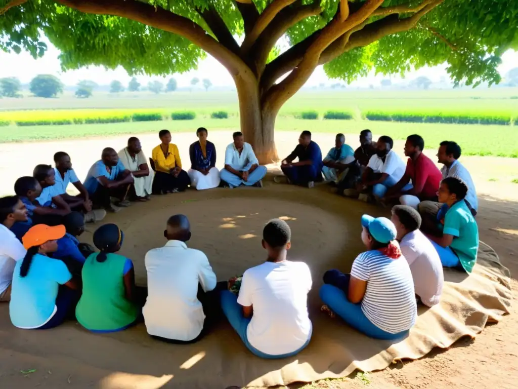 Un grupo diverso se reúne bajo un árbol, discutiendo en una comunidad rural