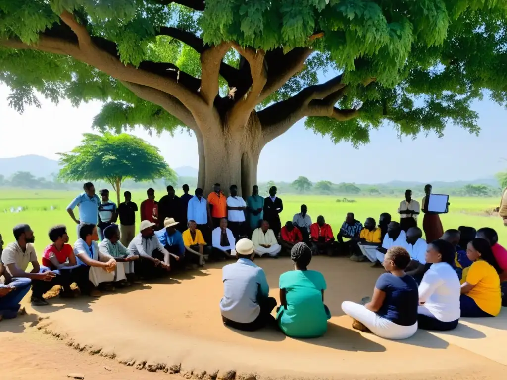 Un grupo diverso se reúne debajo de un árbol, discutiendo con entusiasmo sobre inversiones éticas para ONGs