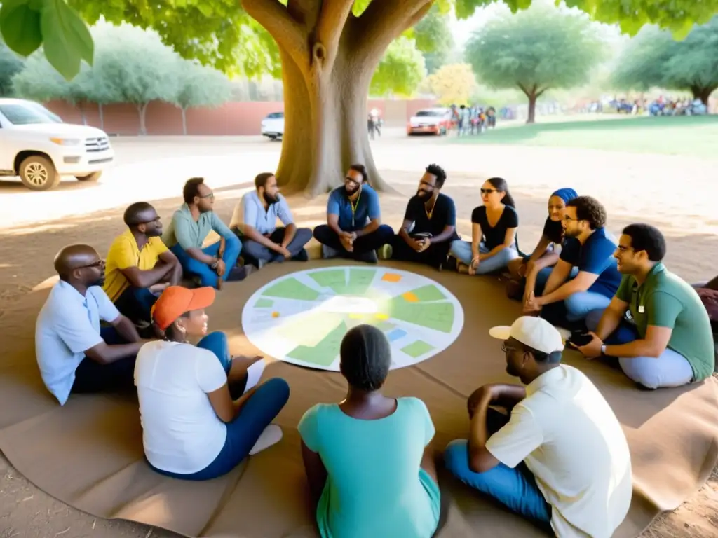 Grupo diverso se reúne bajo un árbol, compartiendo ideas para proyectos sostenibles