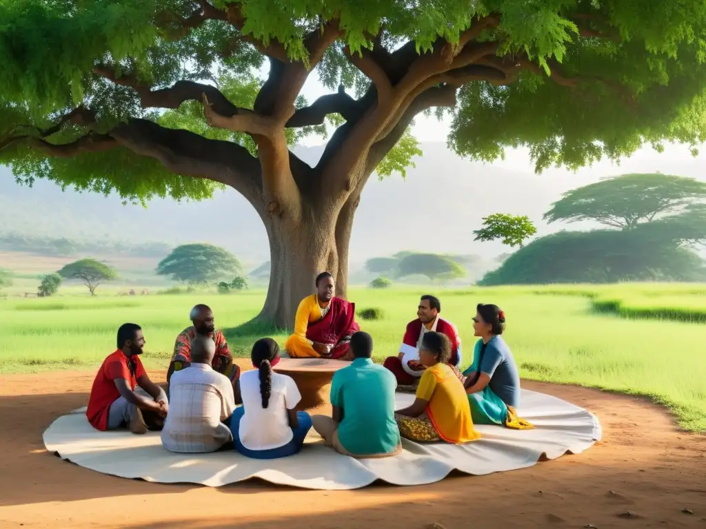 Un grupo diverso se reúne bajo un árbol, compartiendo ideas y gestos, en una comunidad rural empoderada