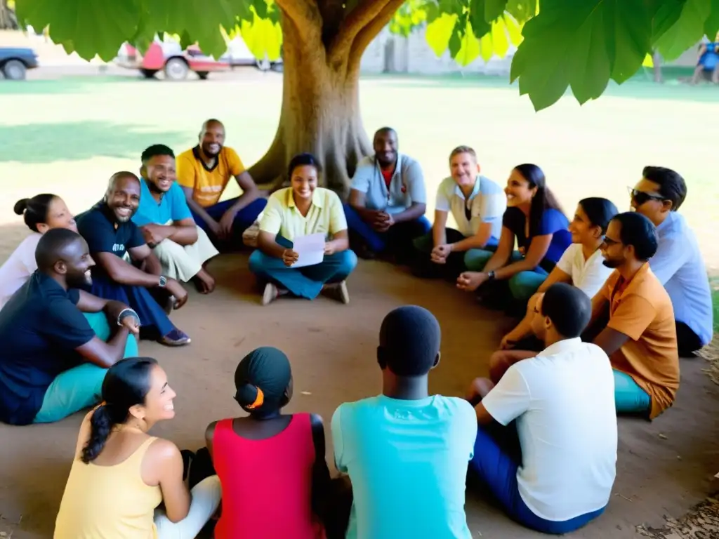 Un grupo diverso se reúne bajo un árbol, debatiendo sobre el impacto de las iniciativas de una ONG