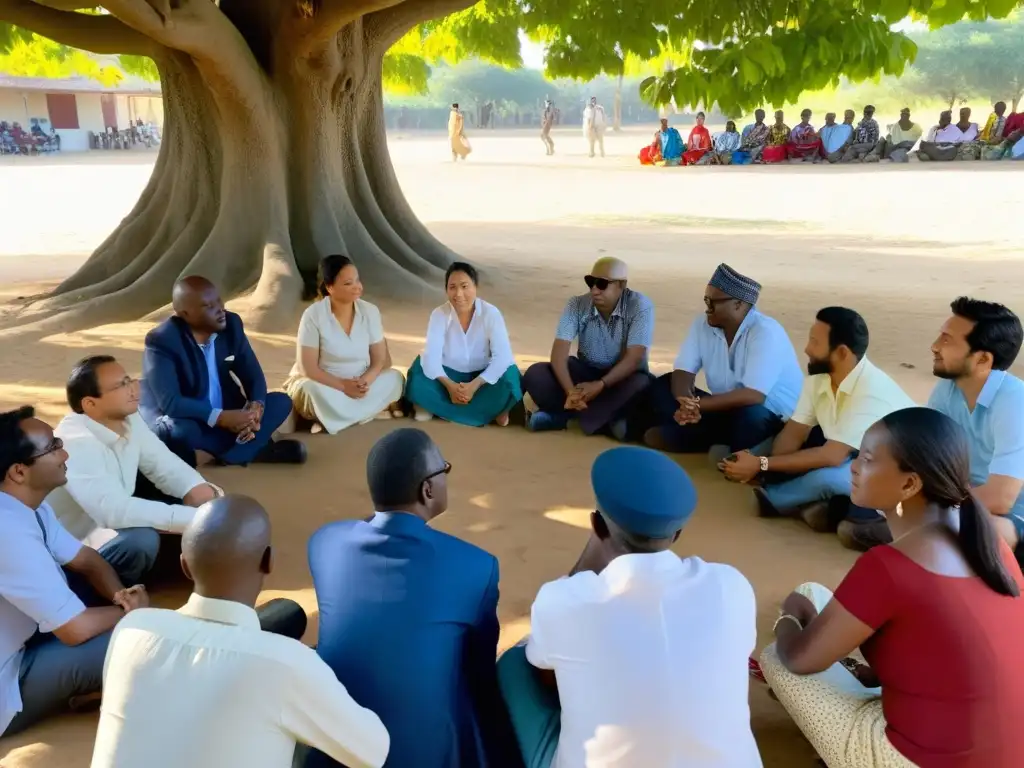 Un grupo diverso se reúne bajo un árbol para discutir sobre integración, enfoque de derechos humanos y ONG, mostrando colaboración y determinación