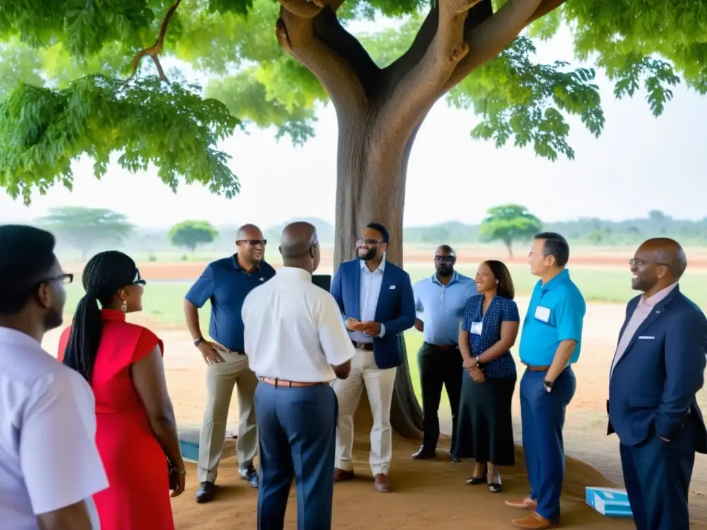 Un grupo diverso se reúne bajo un árbol, colaborando en un proyecto