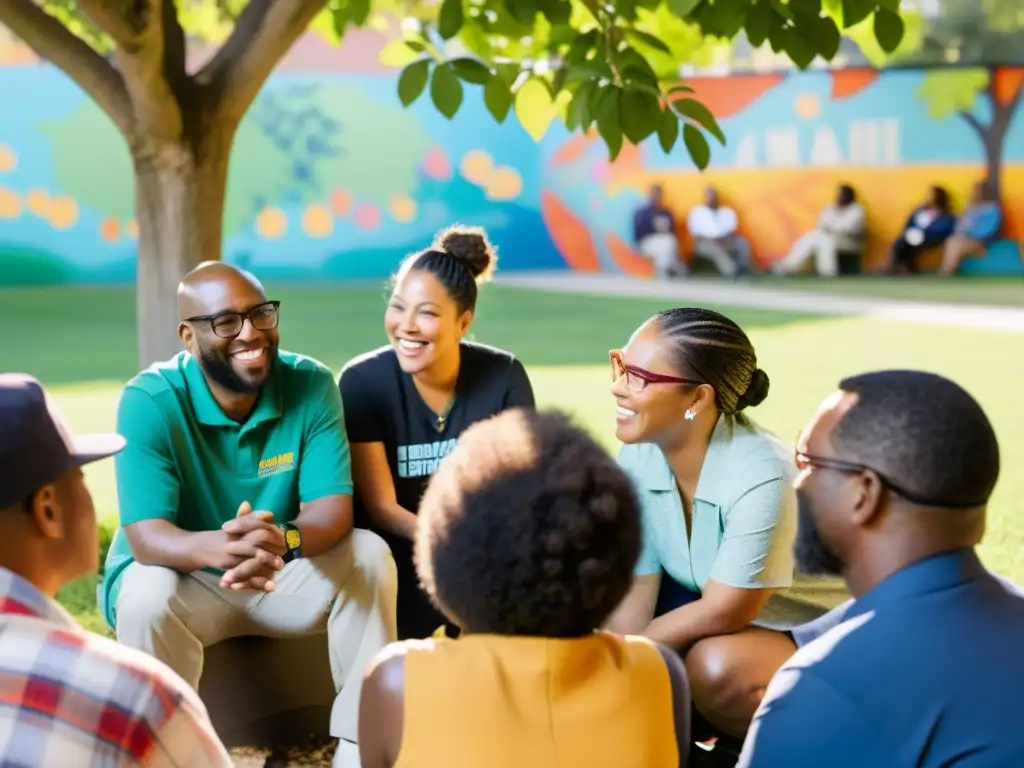 Grupo diverso se reúne bajo árbol, dialogando y colaborando en proyectos comunitarios