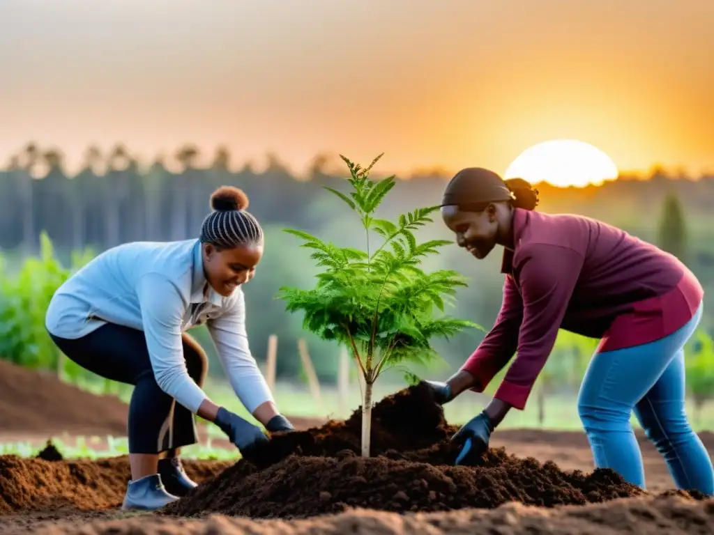 Un grupo diverso colabora plantando árboles al atardecer, reflejando unidad y propósito en la sostenibilidad en proyectos comunitarios