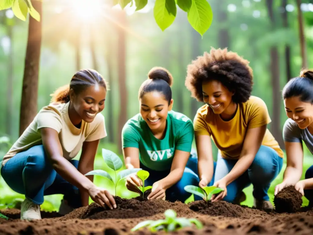 Grupo diverso planta árboles en bosque exuberante, representando la inclusión social y sostenibilidad en proyectos innovadores