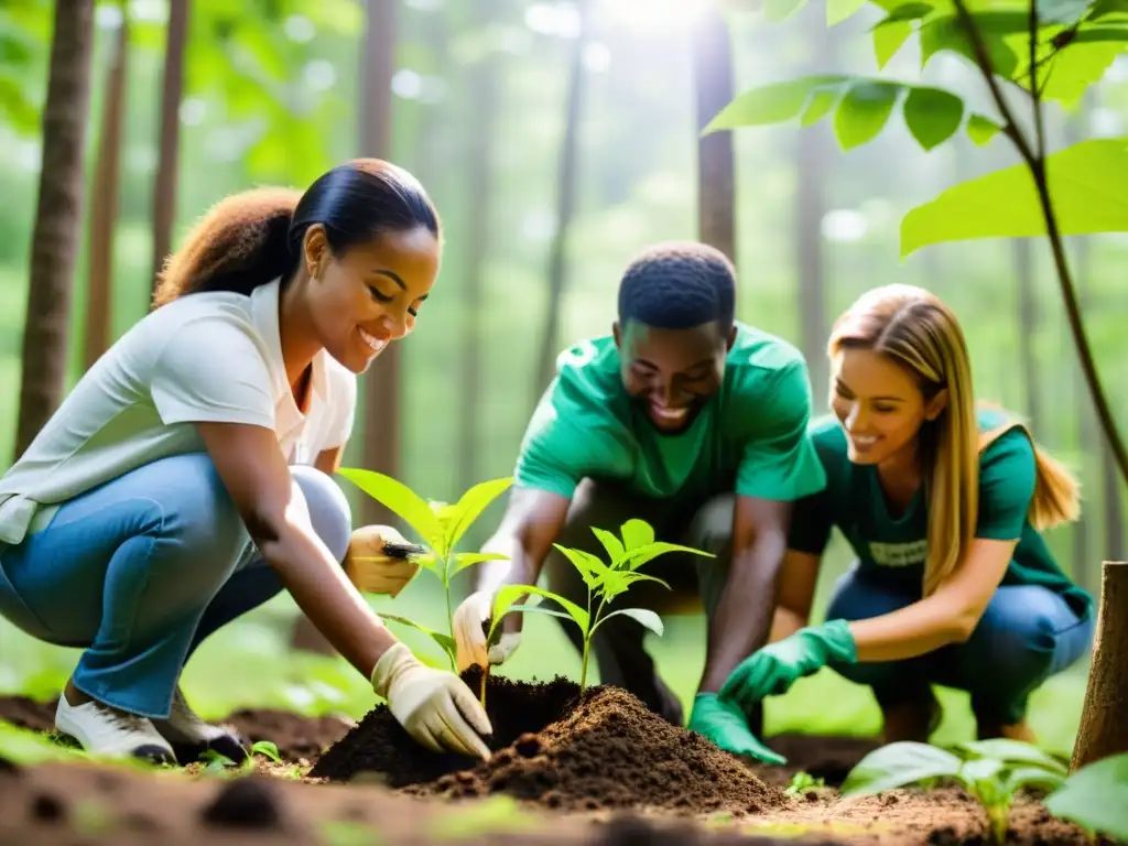 Un grupo diverso planta árboles en un bosque exuberante, irradiando determinación y comunidad para promover el desarrollo sostenible