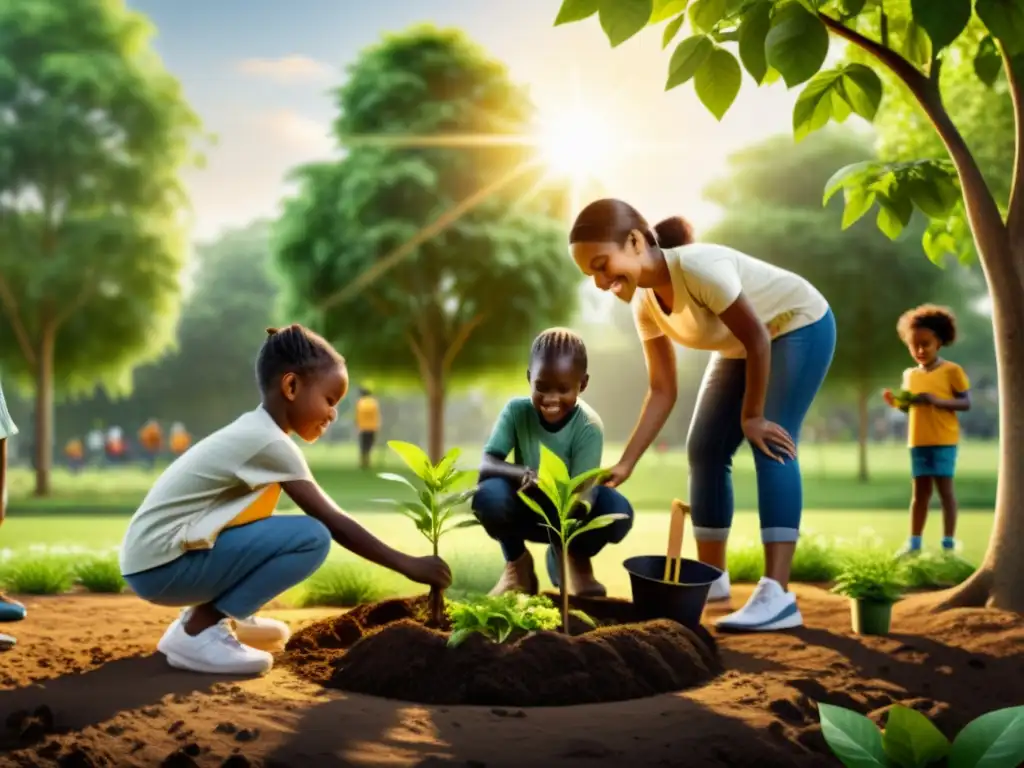 Grupo diverso planta árboles en parque verde, con niños jugando y sol creando atmósfera cálida