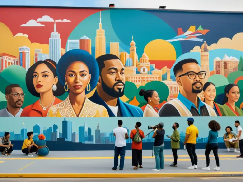 Un grupo diverso de artistas colabora en un mural urbano que celebra la unidad y la diversidad