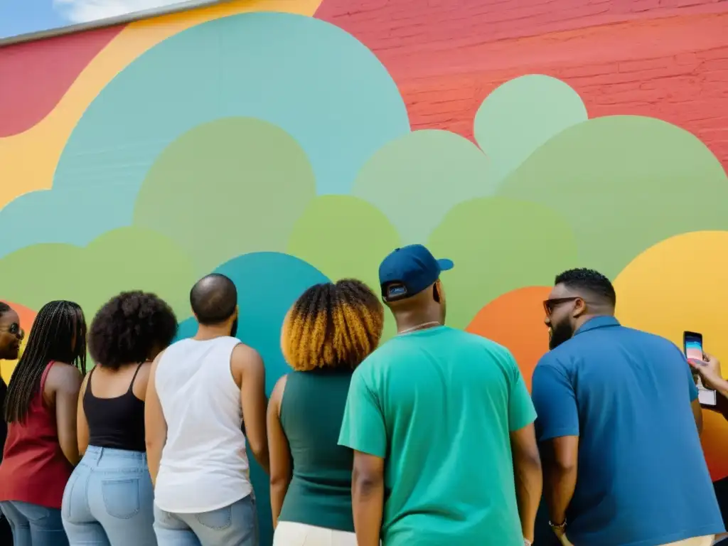 Grupo diverso de artistas y voluntarios pintando un mural vibrante en área urbana