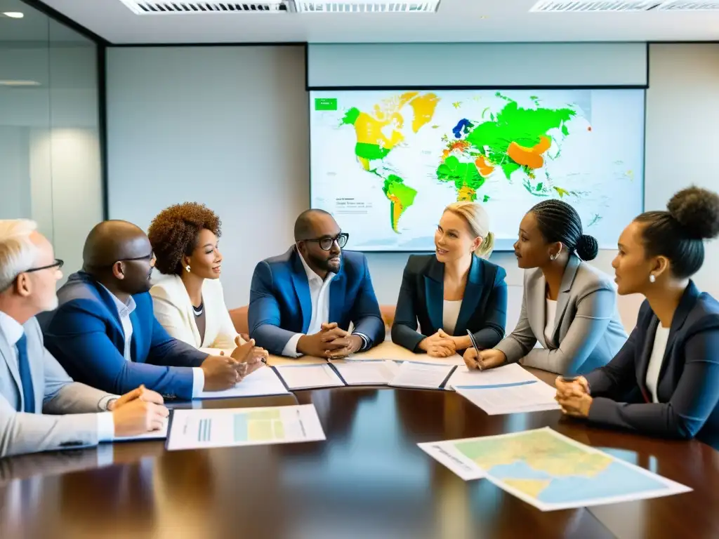 Grupo diverso colaborando para superar barreras en cooperación internacional en una intensa negociación con mapas y documentos en una sala iluminada