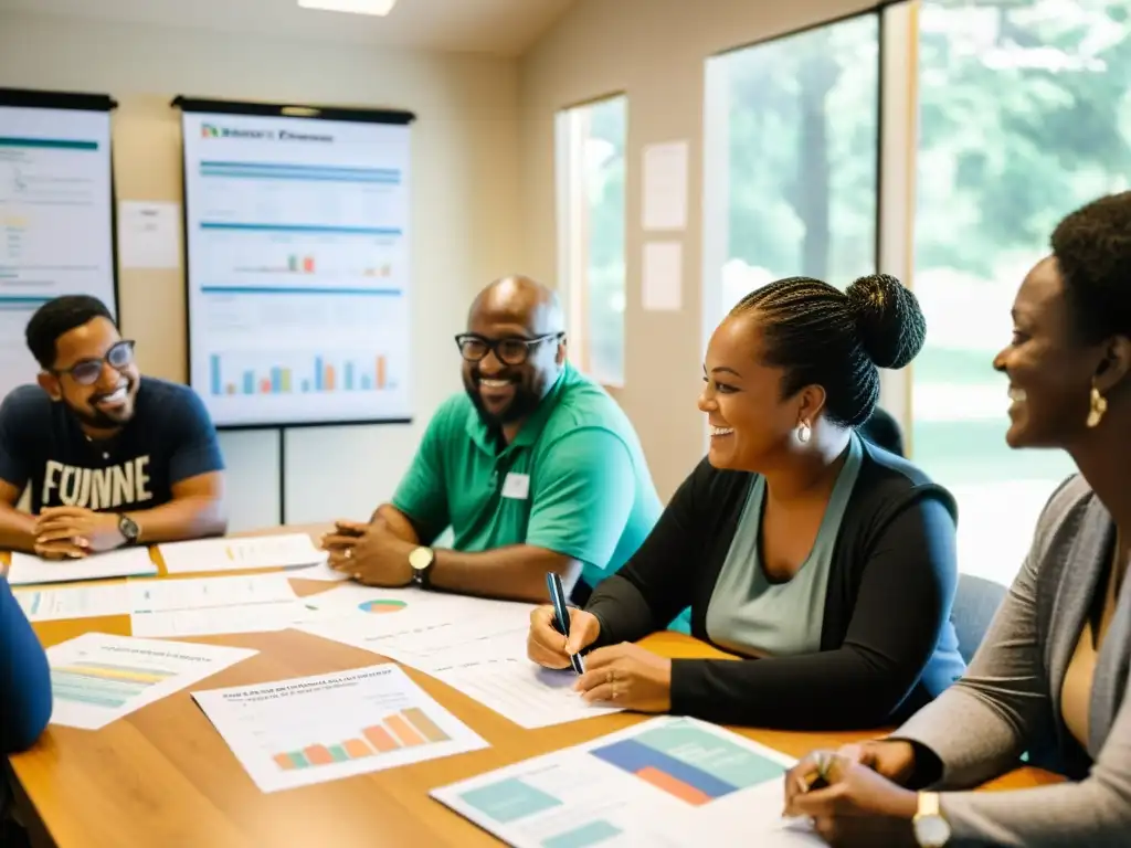 Un grupo diverso se reúne en un centro comunitario para discutir estrategias de financiamiento mixto para ONGs