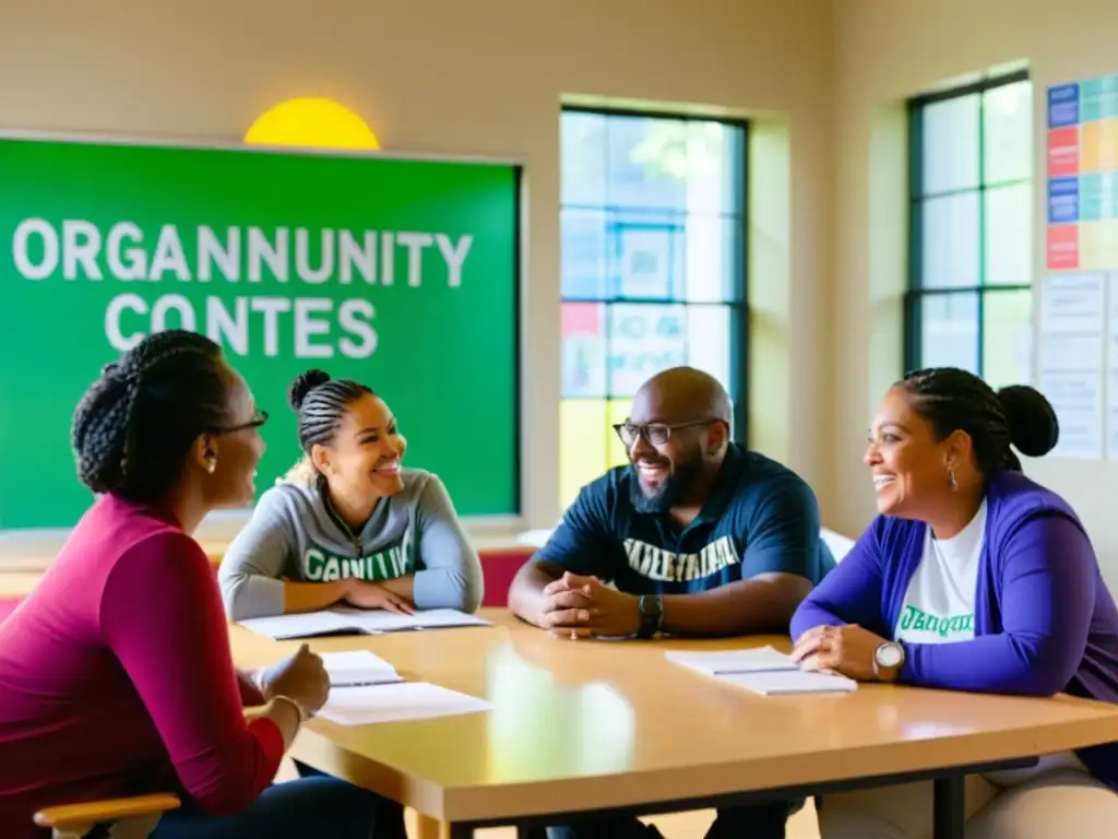 Un grupo diverso se reúne en un centro comunitario para discutir estrategias e impacto social