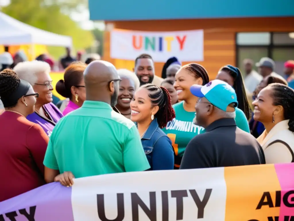 Un grupo diverso se reúne en un centro comunitario, promoviendo unidad y empoderamiento