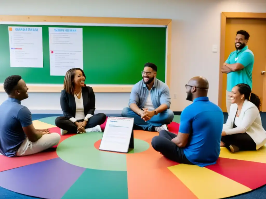 Un grupo diverso se reúne en un centro comunitario iluminado, en capacitaciones para ONGs generadoras de fondos