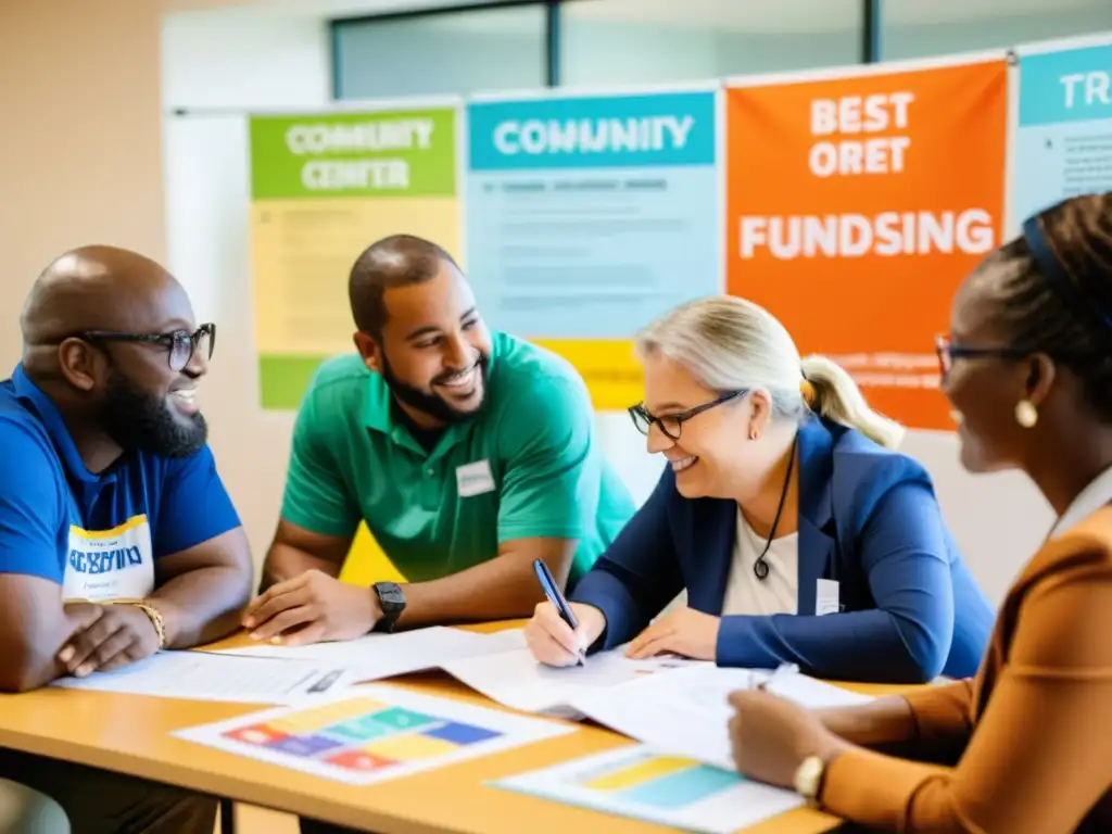 Un grupo diverso se reúne en un centro comunitario, colaborando y debatiendo ideas innovadoras para financiamiento de ONGs