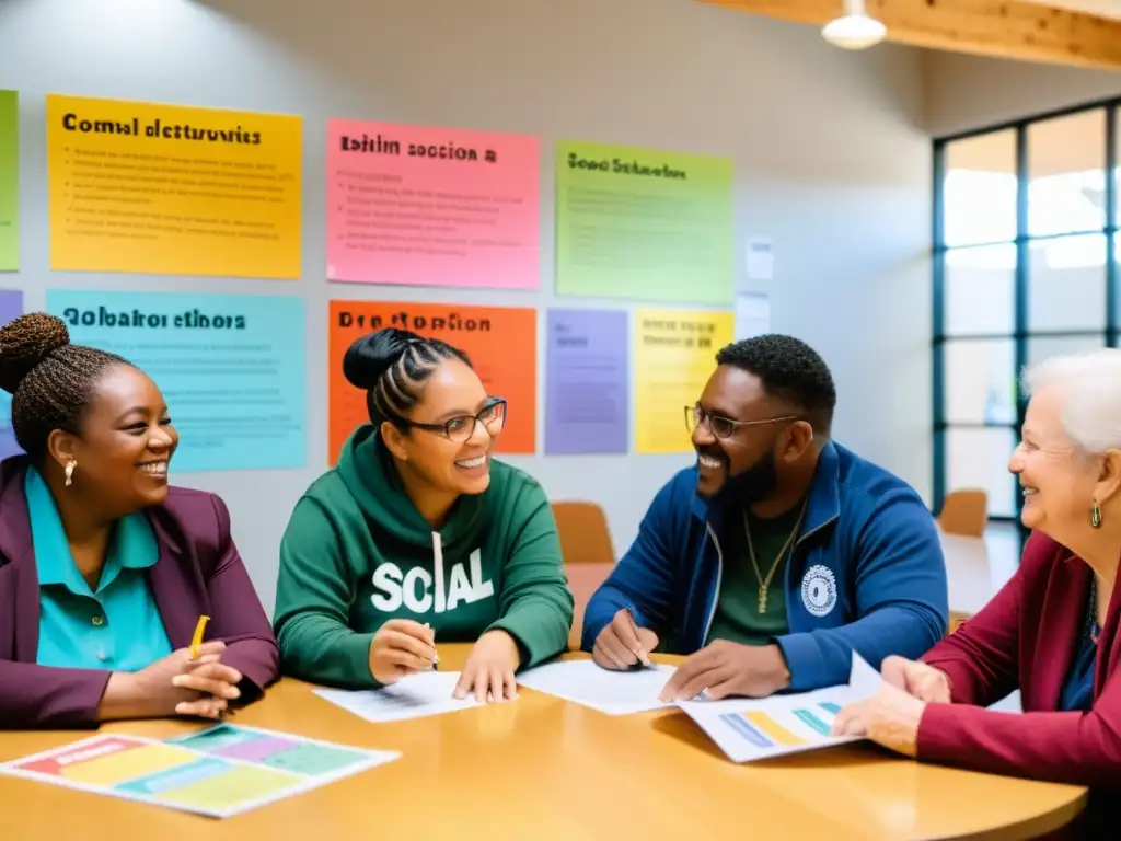 Grupo diverso en centro comunitario, discutiendo sobre financiamiento para proyectos sociales, en ambiente colaborativo y esperanzador