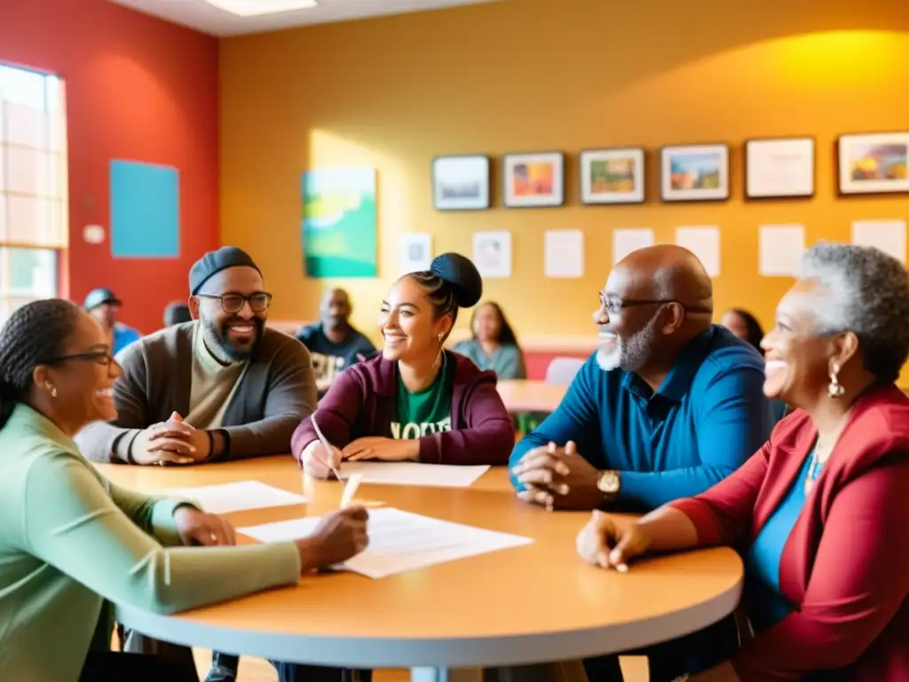 Diálogo inclusivo en centro comunitario Un grupo diverso se reúne en un centro comunitario cálido para dialogar con entusiasmo