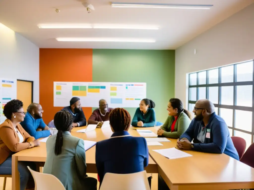 Grupo diverso en centro comunitario, reflejando confianza y transparencia en cumplimiento GDPR ONG