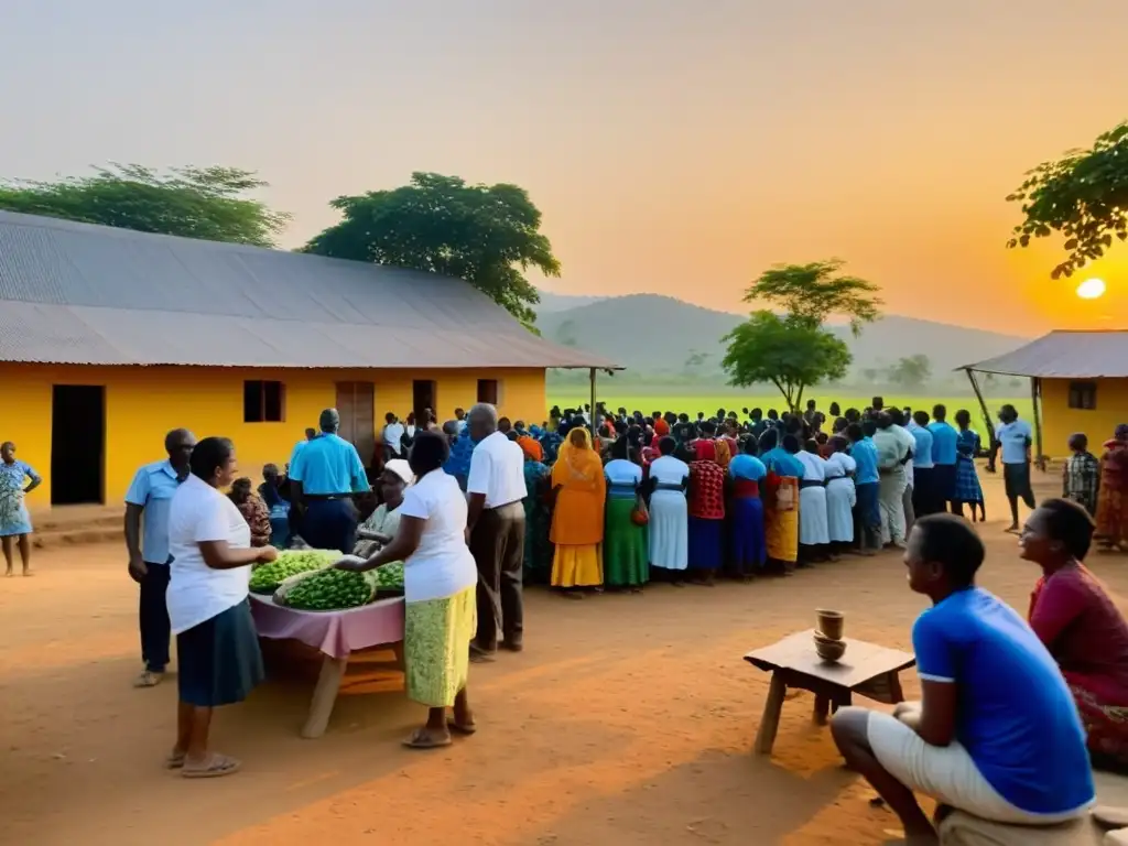 Un grupo diverso se reúne en un centro comunitario rural al atardecer, mostrando colaboración y esperanza