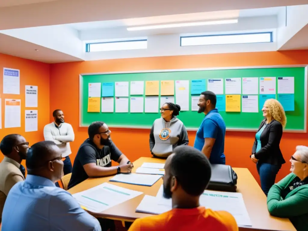 Grupo diverso colabora en centro comunitario iluminado, generando redes de apoyo para ONGs, con entusiasmo y dedicación