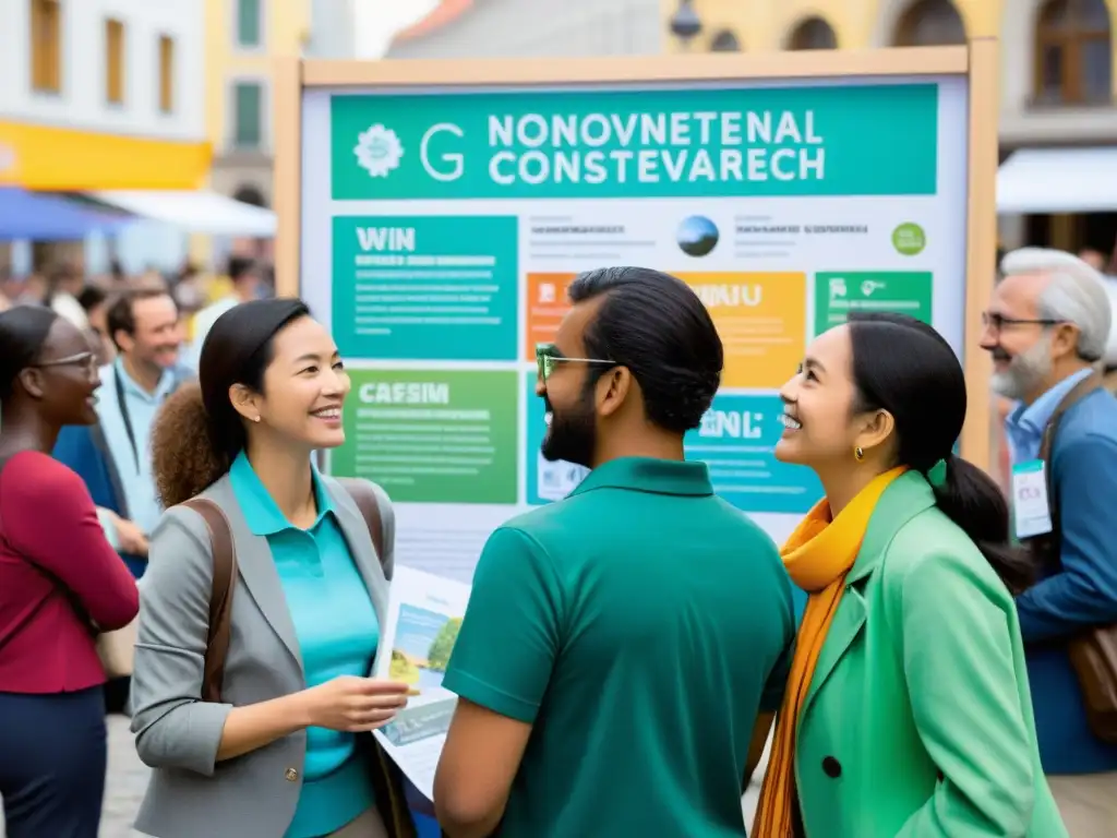 Un grupo diverso de científicos y voluntarios de ONGs se reúnen en una animada plaza de la ciudad para compartir estrategias de divulgación científica