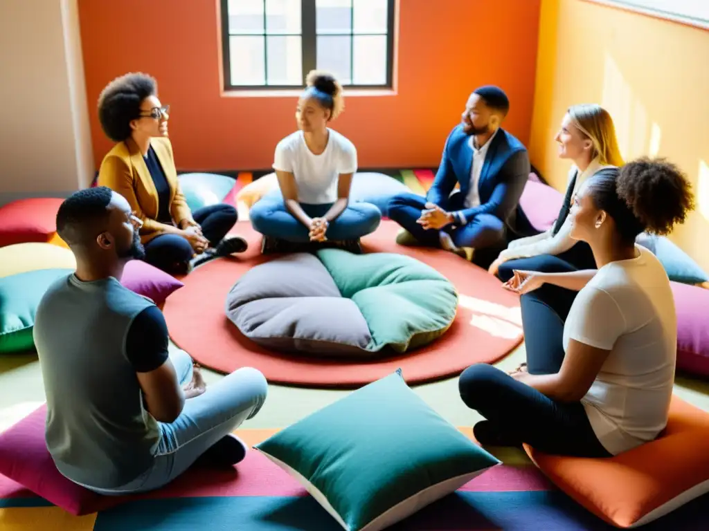 Un grupo diverso se reúne en círculo en almohadones coloridos, participando en una animada discusión