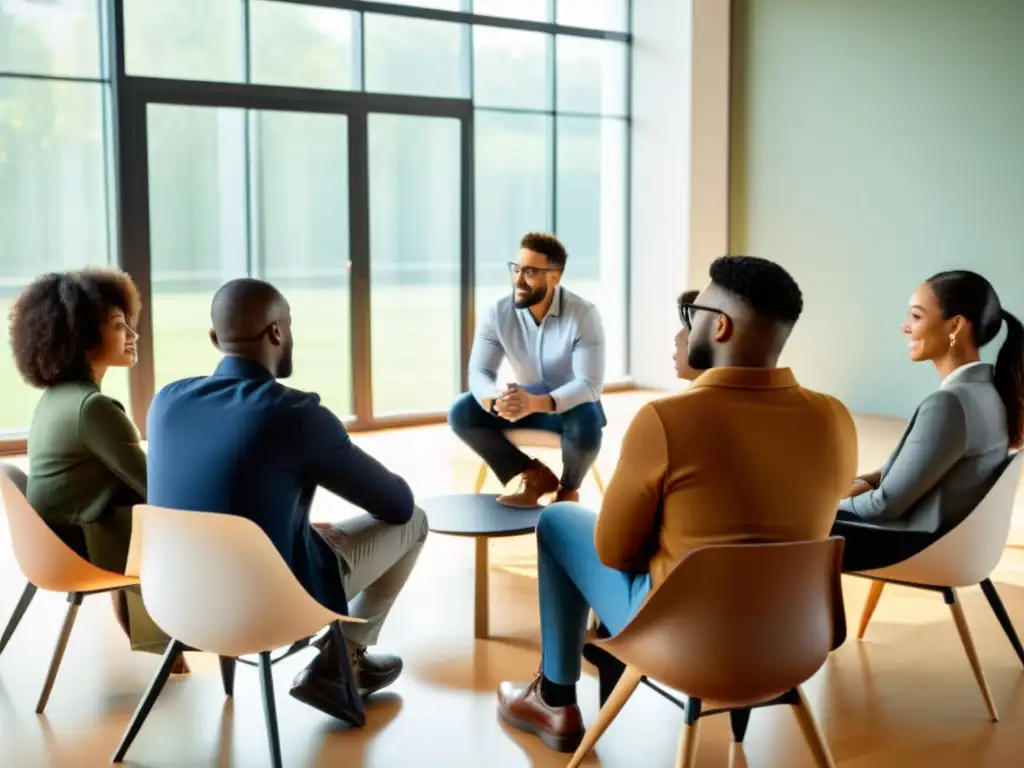 Grupo diverso en círculo, dialogando con atención en un ambiente profesional y acogedor