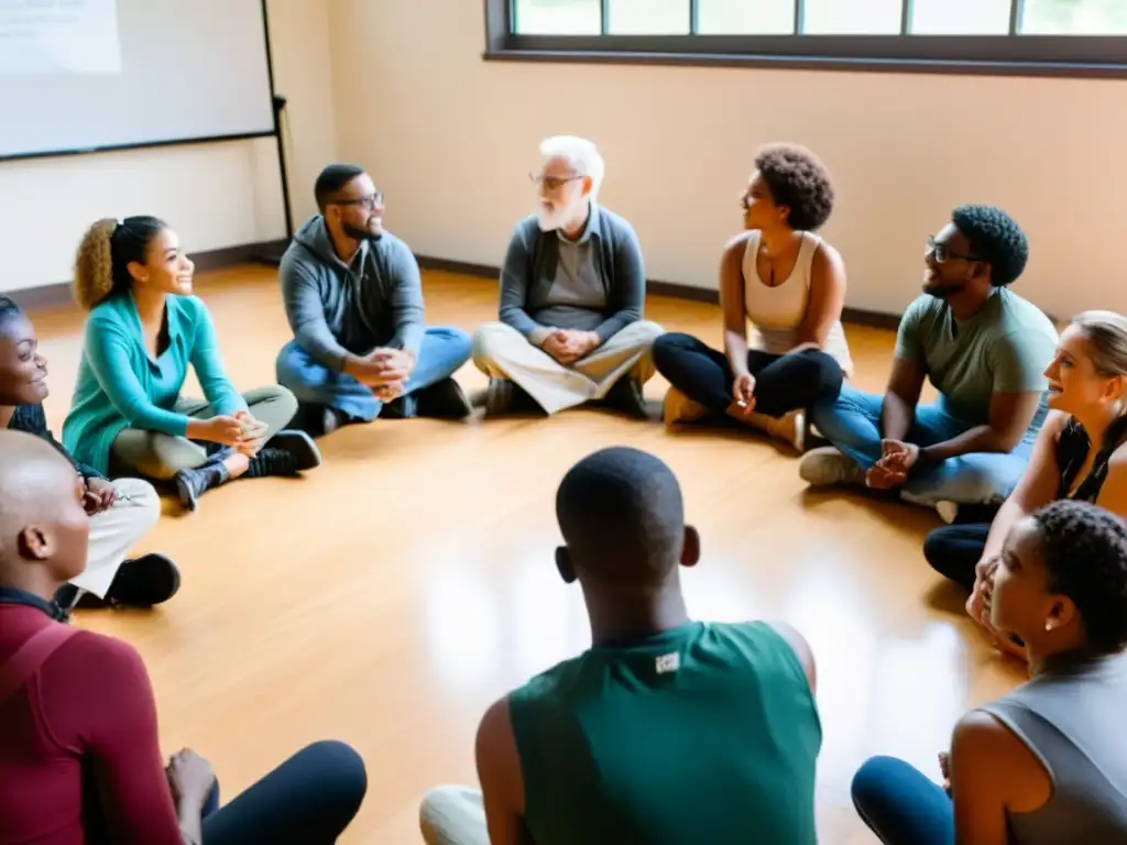 Grupo diverso en círculo, debatiendo y colaborando en un centro comunitario