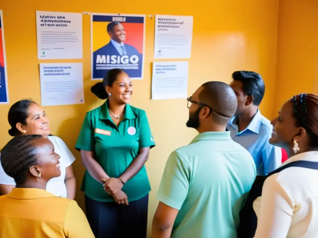 Grupo diverso en círculo discutiendo la misión y visión de la ONG en centro comunitario