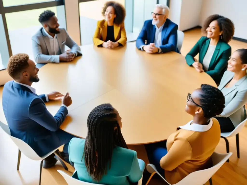 Grupo diverso en círculo discute inclusión y diversidad en ONGs, en sala luminosa y cálida