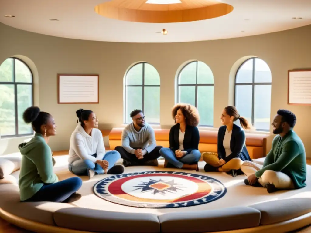 Círculo de diálogo multicultural: Fomentando la empatía y el entendimiento Grupo diverso en círculo, conversando con empatía en ambiente acogedor