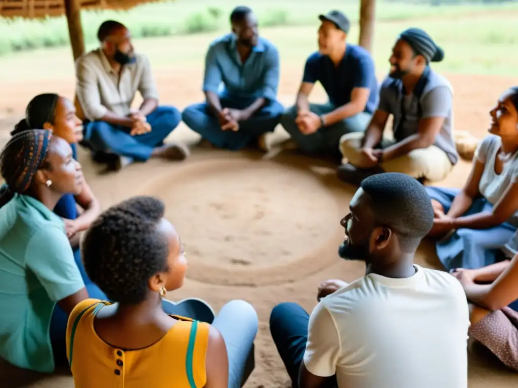 Un grupo diverso se reúne en círculo en un entorno rural, participando activamente en una discusión comunitaria