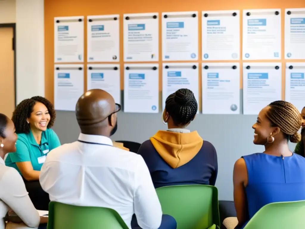 Grupo diverso en círculo discutiendo con entusiasmo, reflejando desarrollo de equipos colaborativos en ONGs