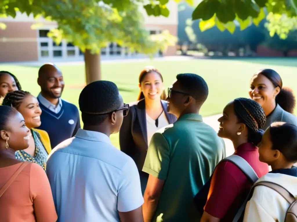 Conversación apasionada por la educación y el cambio social Un grupo diverso se reúne en círculo fuera de una escuela, dialogando apasionadamente