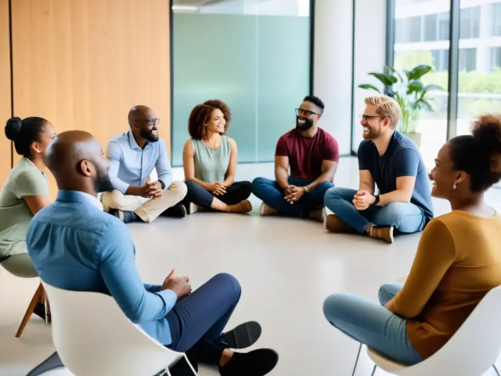 Grupo diverso en círculo, con expresiones empáticas, dialogando en oficina luminosa